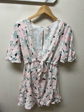 Floral Lace-Trim Pink Wrap Dress